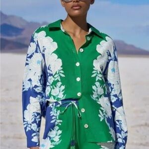 Farm Rio Soft Garden Colorblocked Button Front Floral Shirt NWOT (M)
